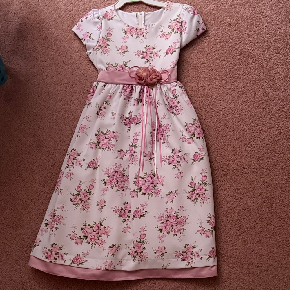 Floral Pink and White Dress with Belt